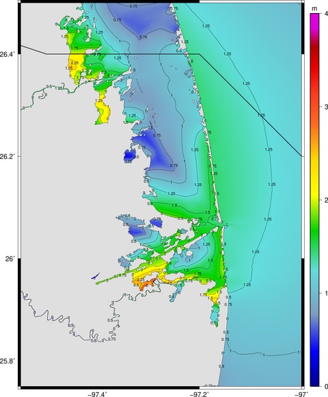 Computational flood model showing water elevation across a coastal region